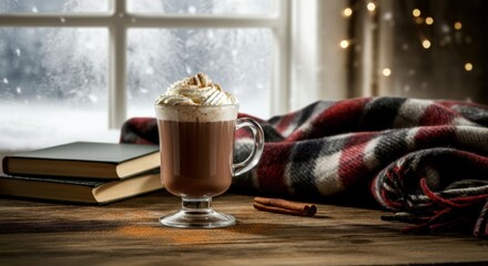 Hot chocolate with whipped cream rests beside cozy novels on a winter windowsill