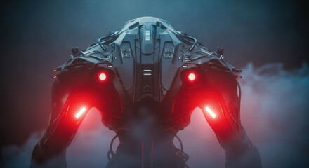 Mech exoskeleton glows with red lights as smoke swirls in a futuristic scene