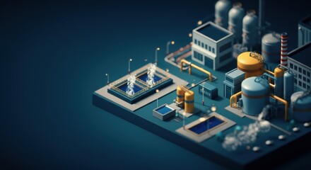 Fototapeta premium Industrial plant diorama with modular tanks pipes and processing units on dark base