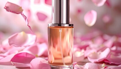 Luxury perfume bottle with amber liquid and spray pump, surrounded by delicate pink rose petals, highlighting a floral fragrance and beauty concept.