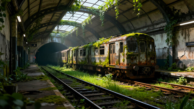 Abandoned subway train overgrown with vibrant green moss and vines decaying in a forgotten subterranean station tunnel with broken infrastructure and dramatic natural light filtering through the ceili