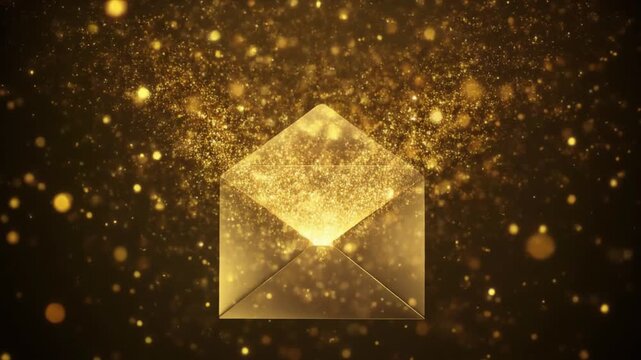 Golden envelope opening with sparkling particles emerging into a dark background