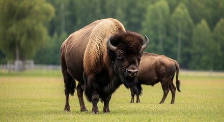 American bison grazing in a green field with forest background