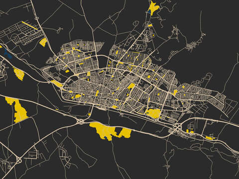 Modern graphic street map of Zanjan, Iran, with graphite black base with warm cream road network, signal-yellow open areas and inky blue waterways