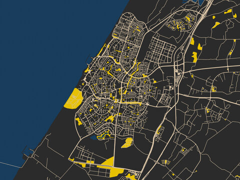 Flat city map of Ashkelon, Israel in noir yellow color palette