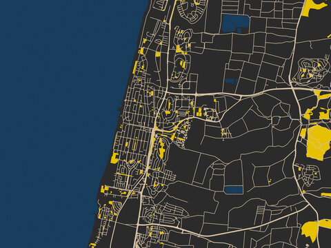 Urban map of Nahariyya, Israel in a dark flat palette: matte charcoal landmass with pale cream street lines, bold yellow accents and navy-blue water shapes