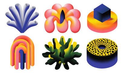 Surreal Gradient Shapes and Frosted Illustrations on Transparent Background