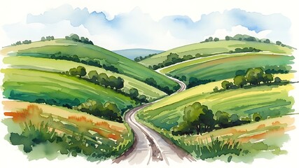 Winding road through rolling green hills