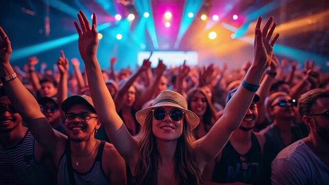 Festival attendees don hats and sunglasses amid vibrant illumination