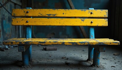 Weathered yellow bench with blue metal legs in industrial building. Paint peels revealing aged wood. Area is derelict, dusty, and forgotten. Old seat, rusty texture.