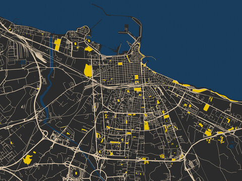 Flat city map of Bari, Italy &mdash; near-black map field with ivory road grid, bright yellow blocks and dark blue rivers and harbors