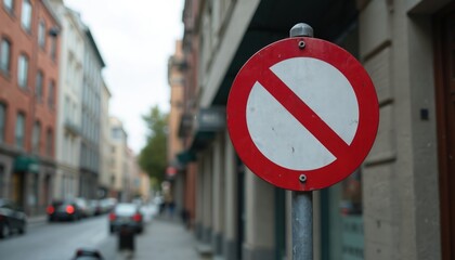 Red prohibition sign on metal pole on city street. Blank circle with diagonal line means no entry allowed. Cars drive past buildings on road.
