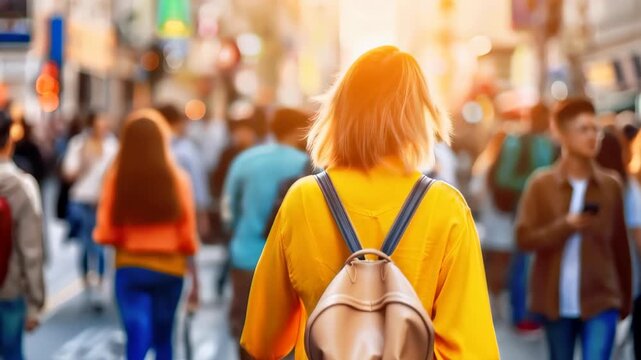 City Explorer: A young individual, clad in a bright yellow top and a practical backpack, navigates the bustling streets of a vibrant cityscape.