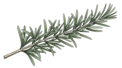 Fresh Rosemary Sprig Botanical Illustration On Black