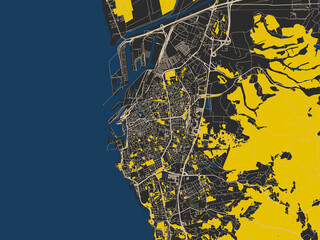 Minimalist map of Livorno, Italy, noir yellow color palette