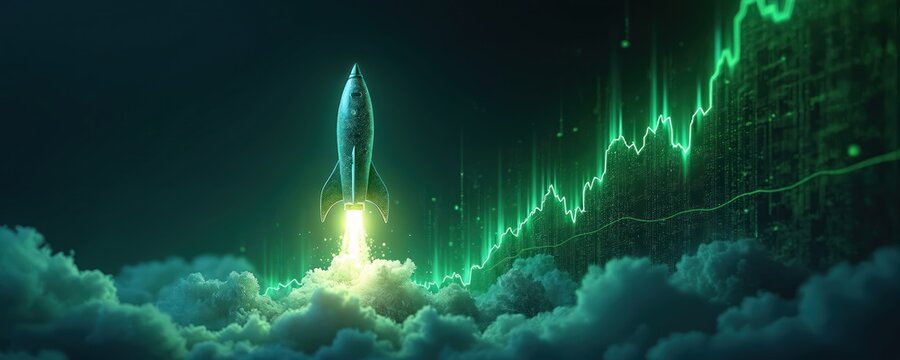 Rocket launches from clouds as green finance graph rises. Symbolizes business success, market growth, and economic development. Represents upward trend and profit potential.