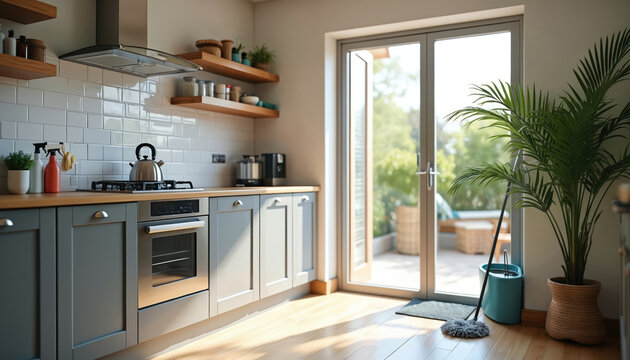 Modern kitchen with grey cabinets and white tile backsplash. Cleaning supplies and a mop sit near patio doors leading to a garden, hinting at a clean home.