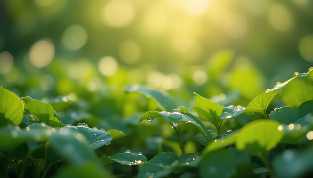 Green Garden Soft Bokeh “Fresh green leaves with drops of morning dew, soft bokeh lights in background, dreamy natural atmosphere, macro detail, 8K - Powered by Adobe