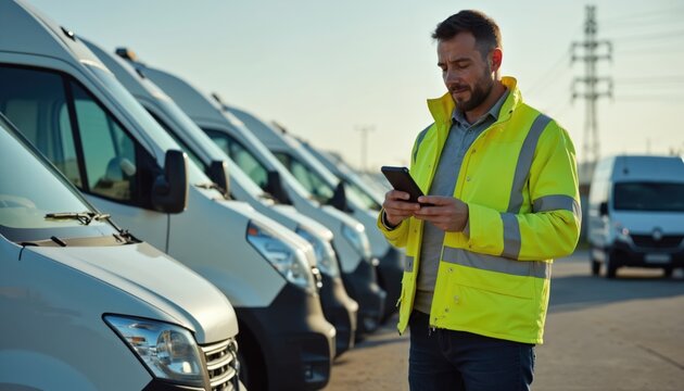 Fleet manager wears hi-vis jacket uses phone. He checks row of white delivery vans parked in lot. Sunny day, industrial area background. Modern logistics operations.
