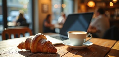 Cozy cafe scene with flaky croissant, warm latte and open laptop on rustic wooden table. People blurred in background enjoy their time. Perfect for morning work or study.