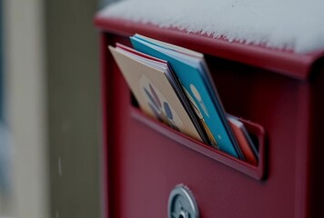 Hand inserting colorful envelopes into red mailbox on snowy day