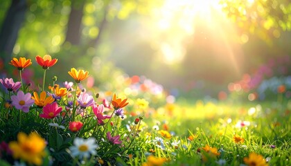 Fototapeta premium A beautiful meadow filled with vibrant wildflowers and lush green grass, bathed in warm sunlight filtering through distant trees.
