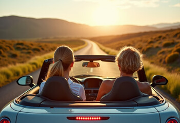Nature, travel and friends in car for road trip on vacation or holiday in countryside for journey. Adventure, freedom and people in convertible vehicle for driving to weekend destination in Ireland.