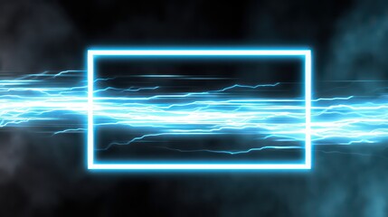 Glowing Neon Blue Square Frame Intersecting Streaks of Light and Smoke Abstract Background