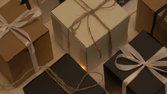 Christmas gift boxes elegantly arranged with decorative ribbons, camera pans across the festive scene. parcel christmas concept. christmas box. selection assortment