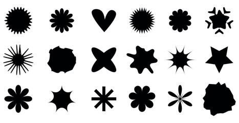 Collection of diverse black abstract organic shapes and starbursts on a white background.