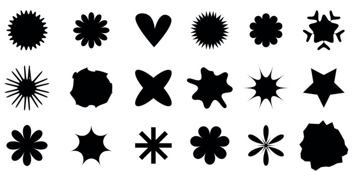 Collection of diverse black abstract organic shapes and starbursts on a white background.