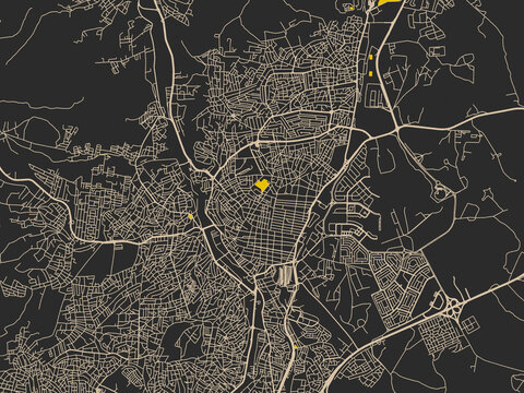 Flat city map of Zarqa, Jordan &mdash; graphite black base with warm cream road network, signal-yellow open areas and inky blue waterways