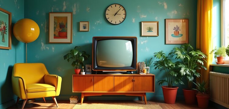 Retro living room scene with yellow armchair, vintage television, and potted plants. Teal walls and golden curtains create a warm, dated aesthetic perfect for nostalgia.