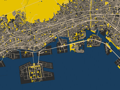 Clean urban street map of Ashiya, Japan