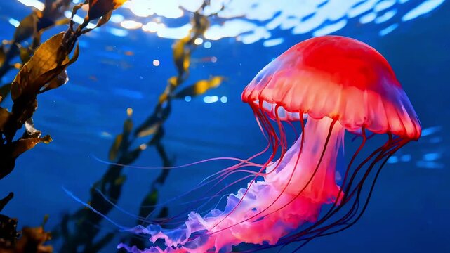 Jellyfish underwater ocean marine life vibrant red bell glowing tentacles deep blue sea kelp forest background aquatic animal nature photography ethereal beauty glowing invertebrate marine biology