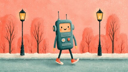 Cartoon walkie-talkie with a smiling face walks between lampposts