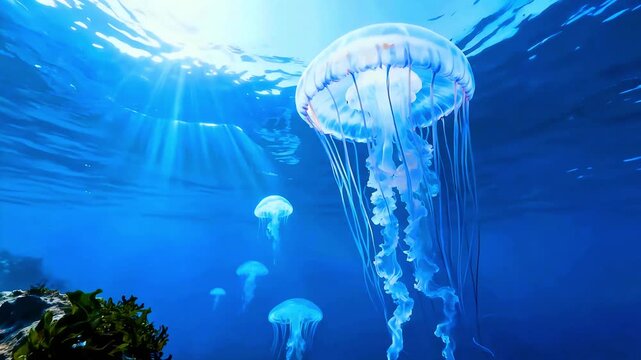 Jellyfish swimming in deep blue ocean water with sun rays filtering from the surface creating ethereal light beams illuminating marine life and underwater scenery