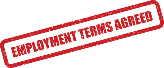 A red rectangular employment terms agreed rubber stamp icon with textured surface for legal documentation