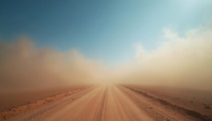 Red dirt road disappears in dust cloud, clear blue sky overhead. Arid landscape, harsh wind, poor visibility conditions, extreme weather phenomenon.