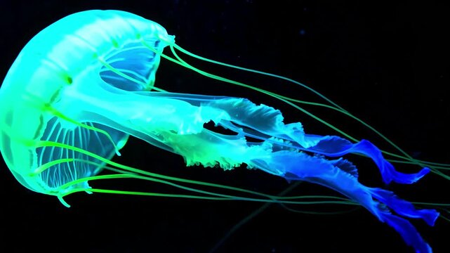 Bioluminescent jellyfish glowing neon blue and green tentacles floating in dark ocean water marine life underwater creature aquatic animal deep sea ethereal beauty vibrant illumination translucent bel