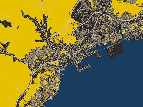 Abstract city map of Hatsukaichi, Japan with dark map with yellow accents