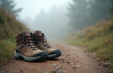 Pair of brown leather hiking boots rests on a dirt trail path. Foggy forest creates misty atmosphere. Ready for mountain trek, adventure travel, exploring nature.