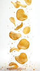 Naklejka premium Golden potato chips fly in air against white background. Crispy snacks fall down, scattering small crumbs. Delicious salted fast food, ready for eating.