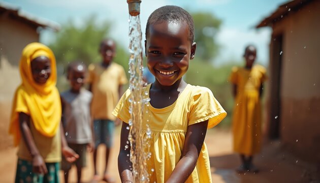 African child smiles happily under clean water stream from well. Other kids wait nearby. Project gives village fresh water access. Community benefits from new well.