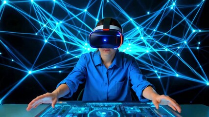 Virtual reality headset user interacting with futuristic holographic interface against a backdrop of glowing blue digital network connections representing metaverse technology and immersive cyberspace - Powered by Adobe
