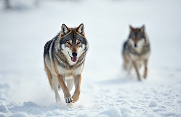 Naklejka premium Two wolves run through snowy field. Lead wolf is in focus, its fur colored brown and gray. Its companion follows behind in blurred background. This wild pair moves together across white terrain.