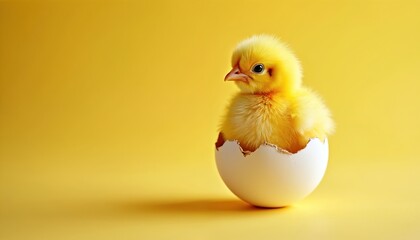 Tiny yellow chick hatches from white eggshell on bright yellow background. Small bird emerges, symbolizing new life and spring celebration. Cute baby animal, perfect for Easter greetings.