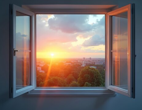 Open window frames vibrant sunset sky over cityscape and green trees. Sun flares create warm glow on buildings and nature. Evening view from apartment.