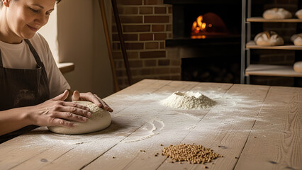 Artisan baker shaping bread dough at a wooden table in the bottom-left corner, wide empty flour-dusted surface and softly blurred bakery interior as negative space for promotional text.