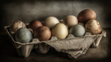 A carton of assorted brown eggs with a slight texture shown